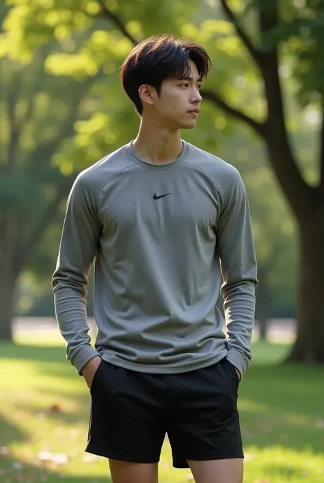 Gray slim fit long sleeve t-shirt, black sports shorts, morning park, BTS Jungkook, slim figure