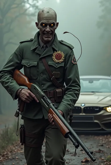 Zombie warden from call of duty ww2 with a Remington m870 marine magnum shotgun and a BMW M3 GTR behind 