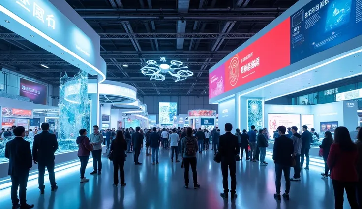 "Create an image of a technology fair in today&#39;s China. Showcase modern booths showcasing innovations such as robots, drones and virtual reality devices. Include visitors interacting with technologies, demonstrators explaining products and illuminated ...