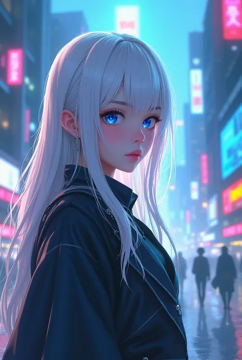 girl, long pure white hair, blue eyes, anime, young adult, cyberpunk atmosphere