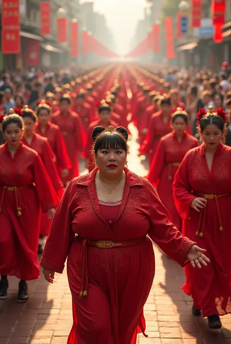 a fat woman in front with a parade of few people dressed in red seen from above
