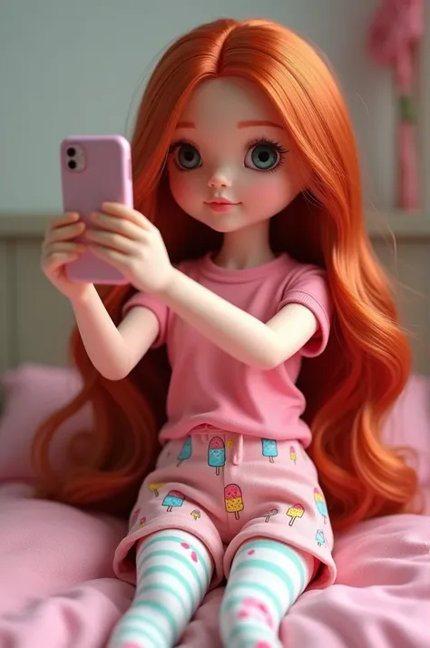 I want a realistic redhead doll with long wavy hair, sitting on her bed in pink t-shirt pajamas, Pink shorts with popsicle drawings,The doll must have white and turquoise striped stockings taking a selfie with her cell phone 