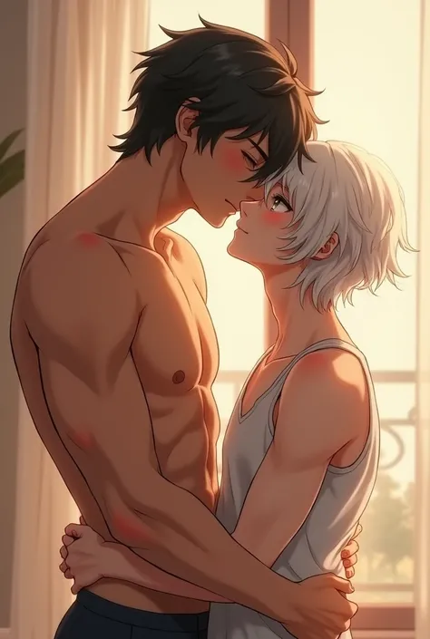 A  white haired boy with pearl colored eyes kissing a 1 black haired boy with brown eyes who is taller than the white haired boy and is shirtless and muscular 