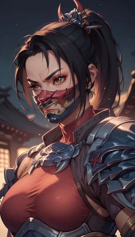 taki,black hair,brown eyes,ponytail,hair ornament,
red bodysuit,mask,serious,shoulder armor,arm guards,skin tight,
standing,uppe...