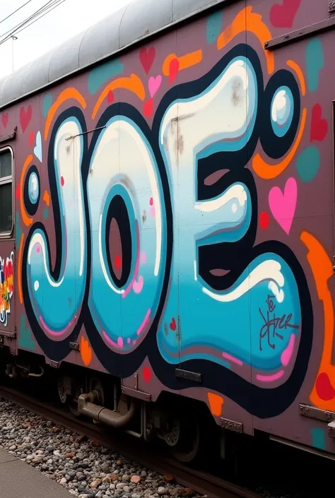 Graffiti throw up with the name &#39;JOE 013&#39; in grey with the letters in bubble shape on the side of a train 