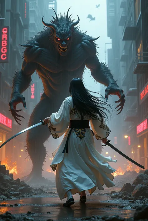 An extremely bloodthirsty demon, fighting an extremely powerful warrior, with long black hair, white kimono with black and gold details and using a large katana, in a destroyed and rainy cyberpunk setting