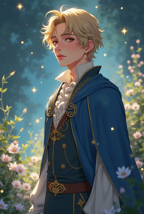 Alone, handsome young man, duke, short hair, exquisite anime style illustrations. blonde hair, soft style, rosy cheeks, with a dreamy and slightly distracted expression, capture a quiet moment of contemplation, soft light, messy hair, water magic, Stars sh...