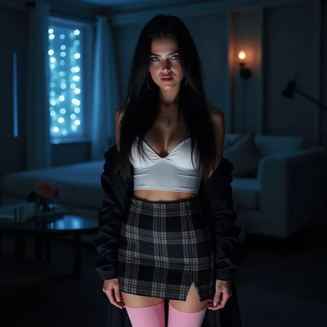 A young and beautiful woman with European features, She has a black and grey plaid skirt, tight white top and pastel pink thigh-high stockings, long black hair, Blue eyes, porcelain skin, blushing cheeks. Background of a dark room with LED lights, Extraord...