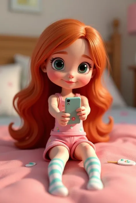 I want a redhead animated doll with long wavy hair, sitting on her bed in pink tank top pajamas, Pink shorts with popsicle drawings,The doll must have white and turquoise striped stockings taking a selfie with her cell phone 