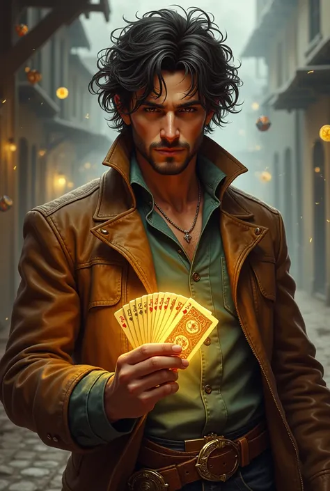 A profile picture of Hector Miller Fernandes Calangos III, a charismatic card peddler with tousled, windswept hair. He has a confident and adventurous expression, wearing a weathered leather jacket that gives a blend of Wild West and mystical energy. In hi...