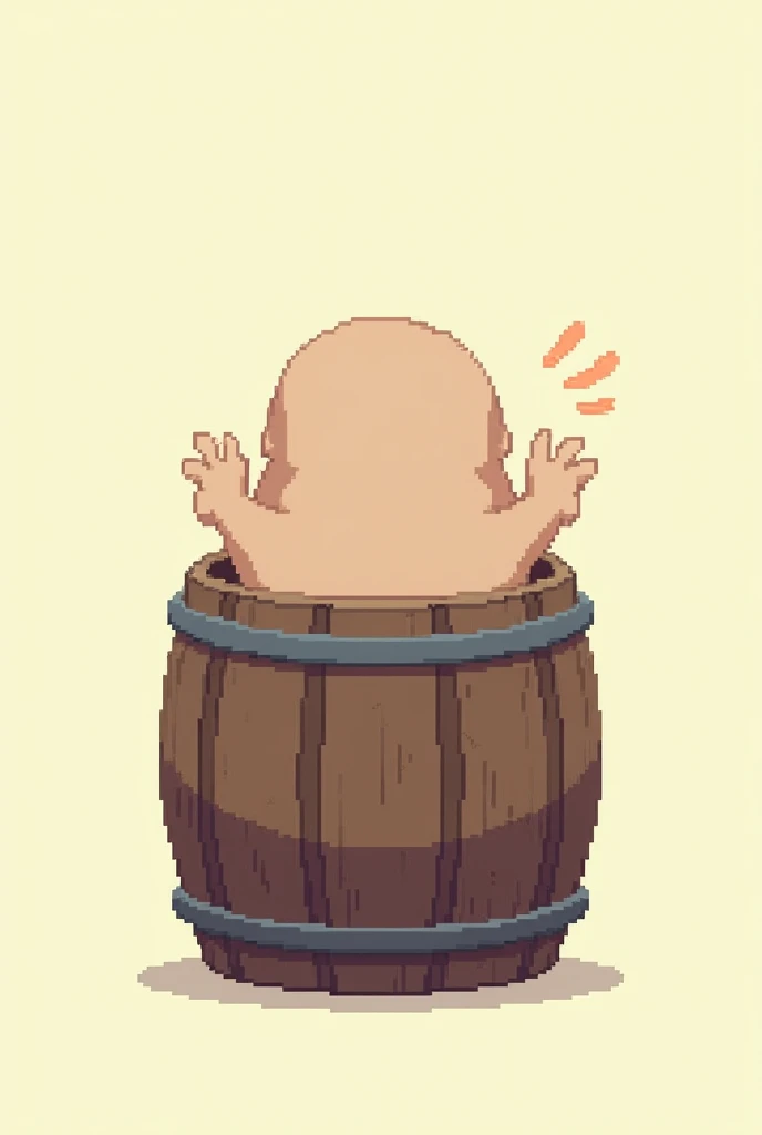 fat pixel man facing away from camera, wearing a small barrel with no gaps around the the barrel with hands held up, only feet visible below barrel, 