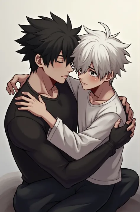 A white-haired boy crying while being hugged by a muscular and hunky black-haired boy