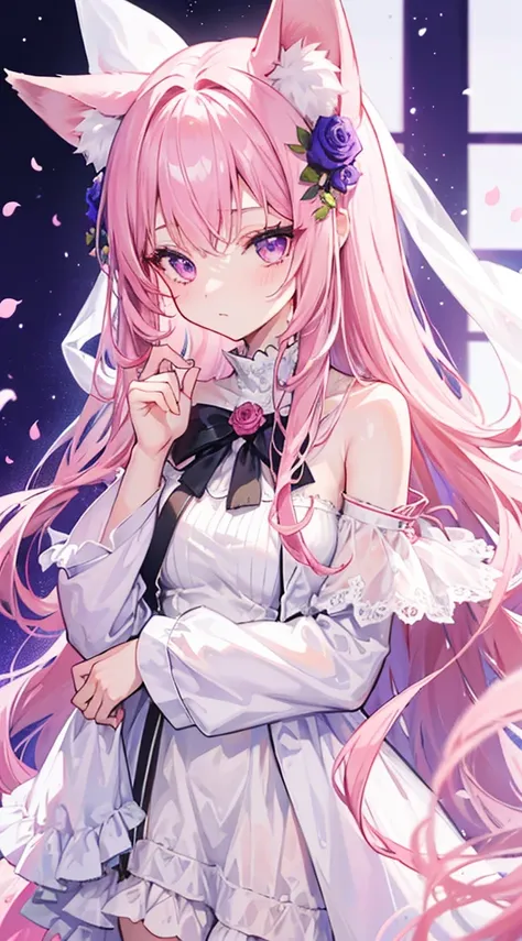 A Girl，extremely detailed faces，fox ears，Long pink hair，purple eyes，rose hairstyle，loose hair curtain，white fluffy dress，Off-the-shoulder slip dress，long sleeve，，white，girl，good body