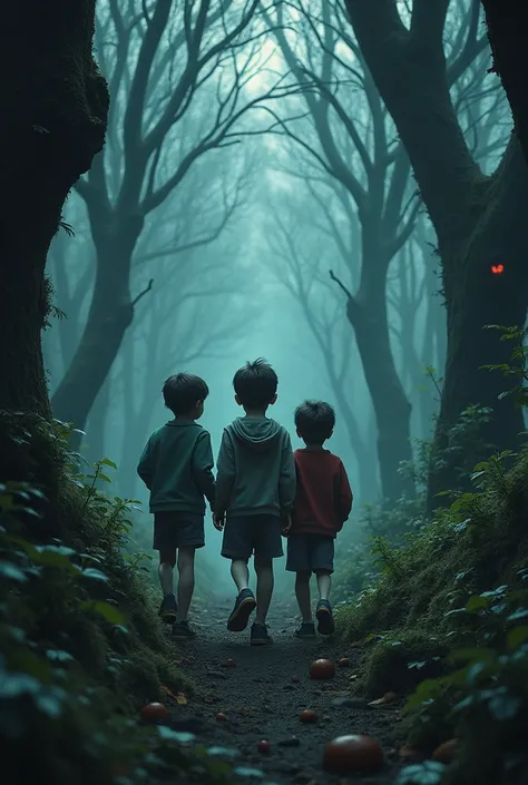 Three cousin boys in a spooky forest with less detail