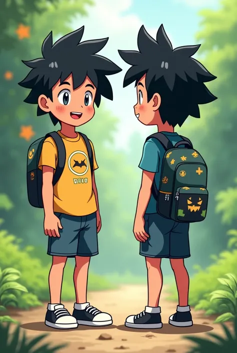 Frere Jumeau de 6 an cheveux noir et court , front and back , fond vert , style  pokemon