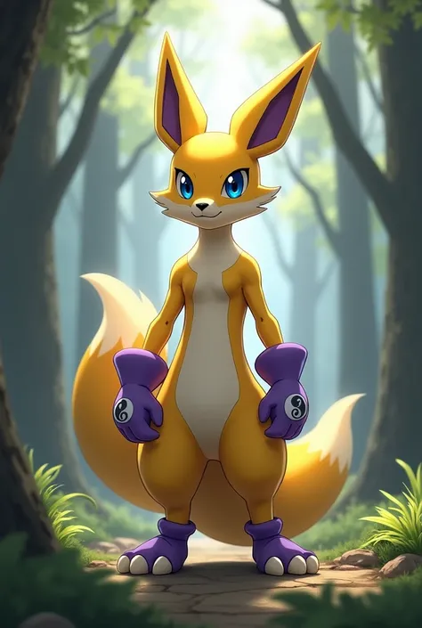 Create an image of Renamon, a Digimon with an elegant and athletic constitution covered in golden skin. He has deep blue eyes and purple marks on his body. Renamon stands upright on two legs, looking like a human fox. He wears purple gloves with yin-yang s...