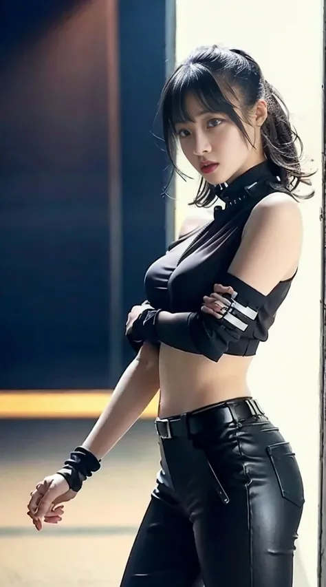 lolita, 1, ((highest quality)), ((masterpiece)), (High resolution:1.3), ..3d, beautiful (cyber punk:1.3), stylish woman, black leather clothing, sleeveless, embarrassing, invisible waist skin, blue black leather pants, silver zipper, belt below the waist, ...