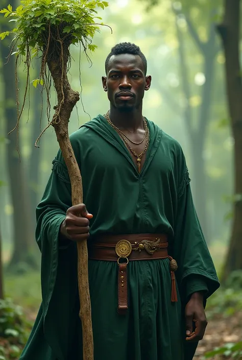 A young black man, with very low black hair, wearing a dark green clothes, with some leather lines around his arms, holding a wooden green staff, with some roots around the tip, some leaves floating around him