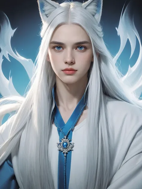 young man, very handsome, long white hair, blue eyes, wearing a blue tunic, blue fire flames, blue fire in the background of the image , blue fire, fox eyes, fuller face, with defined jawline, 8k, super detail, top quality, long white hair, no shirt , a go...