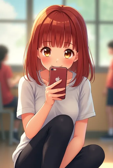 Girl with hair just below the shoulder, straight red hair, smiling, brown eyes, kissing the cell phone screen, light skin, has bangs, white clothes, black pants, black sneakers, At school.