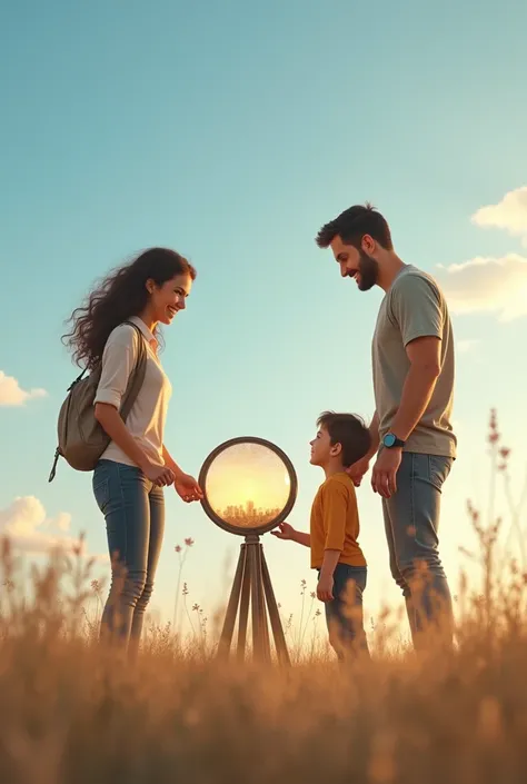 Soto sphere. It&#39;s a sunny day, the sky is blue. dad (40) and MOM (38) They wear casual clothes. They point out the Soto sphere to SON (8). He smiles and sees his mother.
