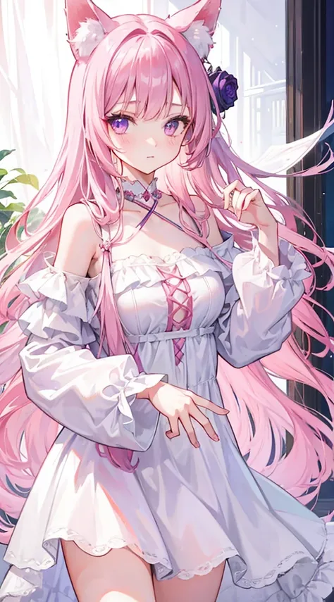 A Girl，extremely detailed faces，fox ears，Long pink hair，purple eyes，rose hairstyle，loose hair curtain，white fluffy dress，Off-the-shoulder slip dress，long sleeve，，white，girl，good body