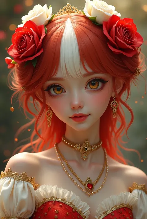 Red-haired girl with white hair on her forehead, yellow eyes and a red and white dress with gold details, gold earrings almost the same color as her eyes, with a bird as a brooch where her bangs are and some white-red-gold roses on her head and a party bac...