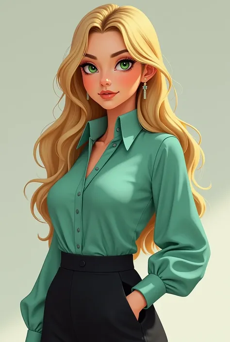 an 1, with green eyes, long wavy blonde hair, chubby nose, visible cheeks, with a tight aqua green blouse, Black skirt, wearing white boots