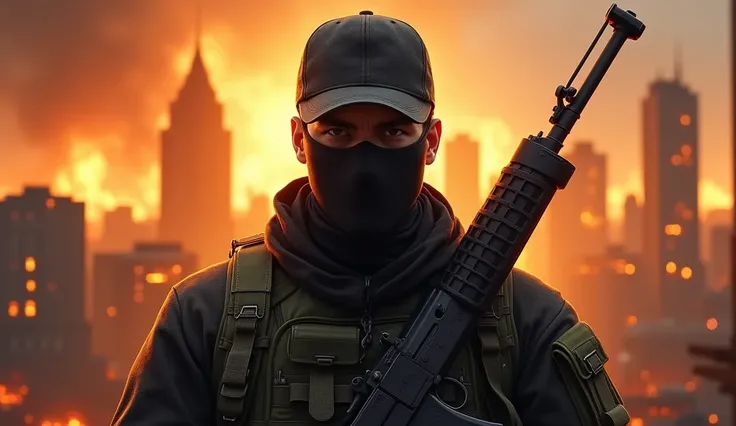 A masked man, with a cap, with a military backpack on his back looking at the camera with a serious look, behind him is a city in flames, he has a rifle on his back
