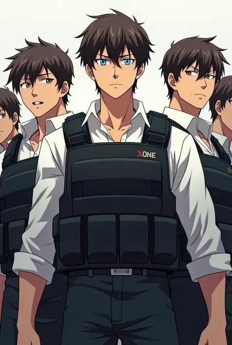 5 male,
short wavy brunette hair, 
left eye light blue,
right eye brown. 
Scar on left eye,
Terrorist,
he wears a white dress shirt and charcoal waistcoat with black tactical vest, 
66 and has beefy, muscular build

Anime style 
