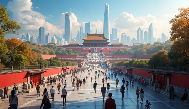 
"Create an image of Beijing today. Show a panoramic view of the city, highlighting the Forbidden City and the modern financial center with its skyscrapers. Include elements of everyday life, like people walking in parks, cyclists on the streets and open-a...