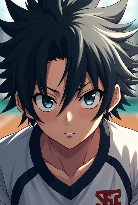 Haikyuu Version With Team Inarizaki uniform, expression would be leaden eyes, Hair, black with white and lead, that can be seen from the torso up