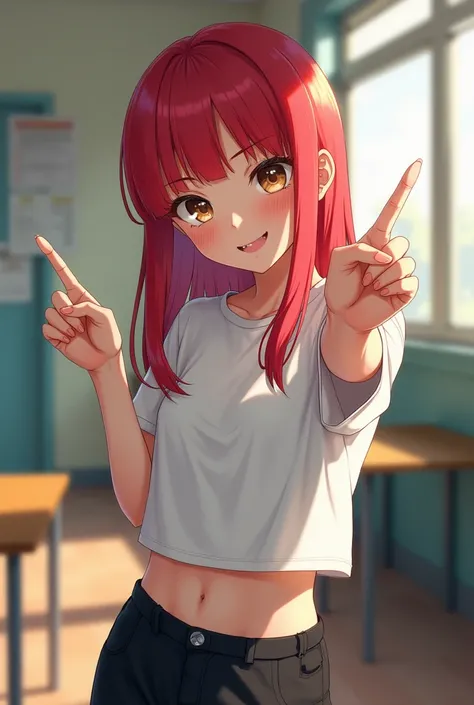 Girl with hair just below the shoulder, straight red hair, smiling, brown eyes, Showing Middle Finger , light skin, has bangs, white clothes, black pants, black sneakers, At school.