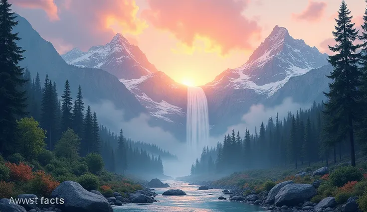 Create an epic, majestic YouTube banner that evokes a sense of calm and awe. The scene should depict a stunning, serene nature landscape—vivid, towering mountains framed by a golden sunset casting its warm, soft glow across a lush, vibrant forest. A crysta...