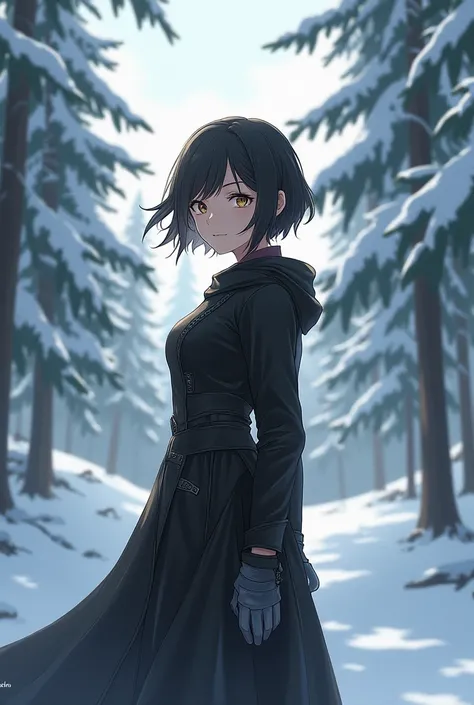 realistic anime style female character, short black hair and brown eyes, has a thin body and wears long leather clothes, Surrounded by ancient snow-covered pine trees, she is in a cold and desolate environment, where sunlight penetrates a cloudy sky. has a...