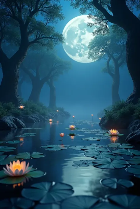 Generate a 3D image that has a lake surrounded by an enchanted forest, in the lake there are water lilies. The theme is nocturnal