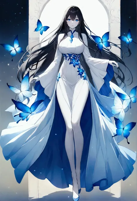 1 mature woman, black hair, long hair, blue eyes, white skin, it is day, The background is white and looks like a square., Slim figure, with long legs and big breasts, She is wearing a loose-fitting dress with large sleeves, the dress is blue, with celesti...