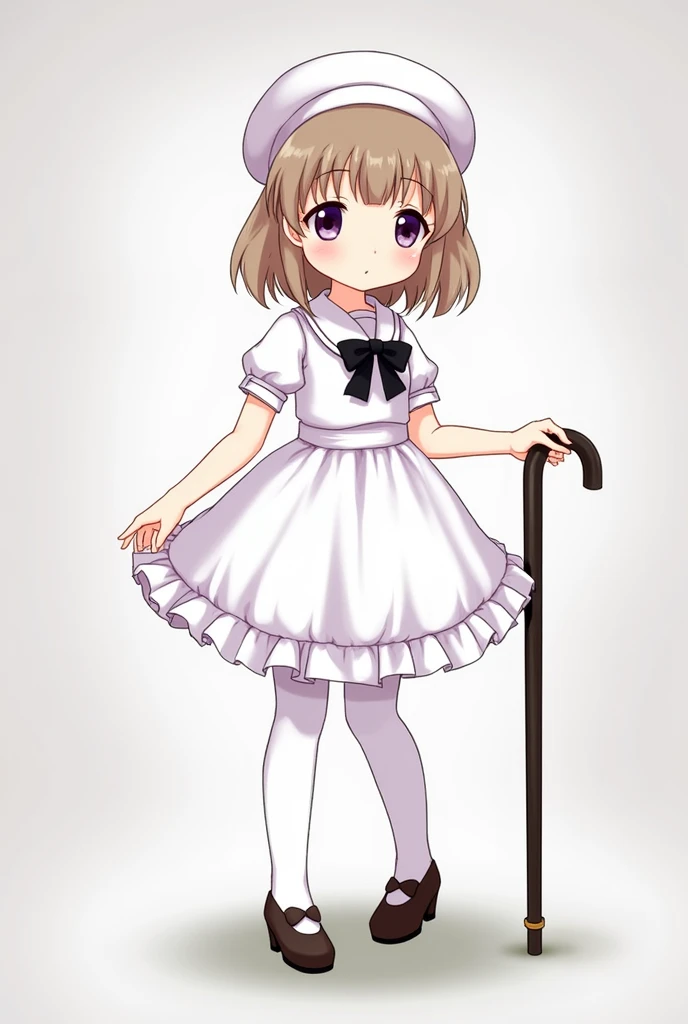 (iwanagadress:1.2), (iwanagakotoko:0.9),(beret:1.8), iwanaga kotoko, 1girl, beret, black bow, blue skirt, bow, brown footwear, cane, dress, hair bow, hat, holding, holding cane, juliet sleeves, light brown hair, long sleeves, looking at viewer, petticoat, ...