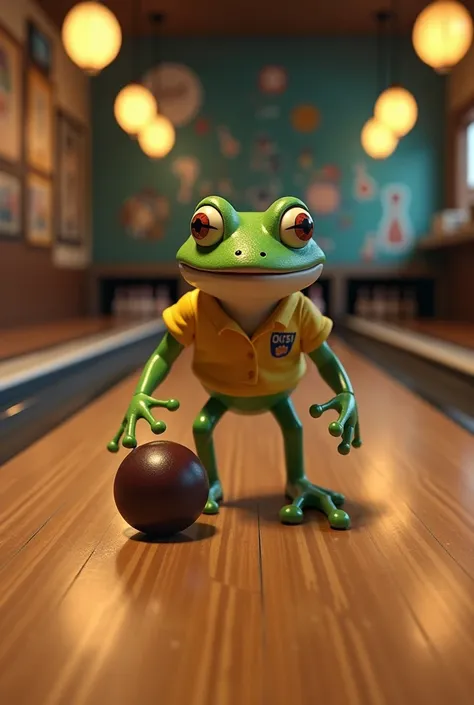 A frog playing bowling 