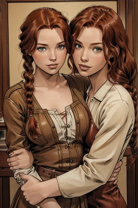 Redhead girl with braids with her friend with mahogany bob hair, hugged, comic