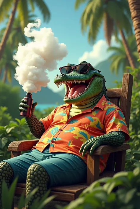 A laughing crocodile , hawaii shirt, sunglasses, relax posing, taking a realistic photo, holding a pod vape, vaping big cloud