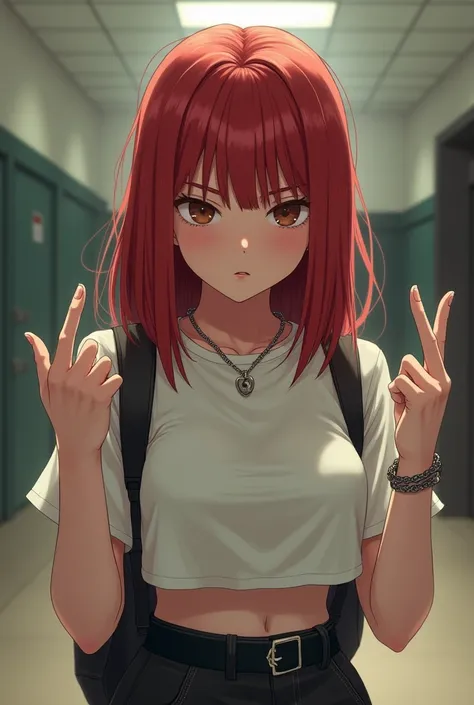 Girl with hair just below the shoulder, straight red hair, brava, brown eyes, Showing Middle Finger, light skin, has bangs, white clothes, black pants, black sneakers, At school.