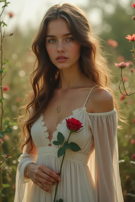 A beautiful girl with long wavy hair, wearing a bohemian dress, holding a rose