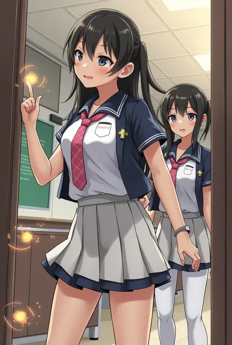 2 girls in school classroom,School uniform with pleated mini skirt,Pink Plaid Tie,white pants,1,Explosions,little smiles,Thighs,Knees,crotch,low ponytail,From the bottom