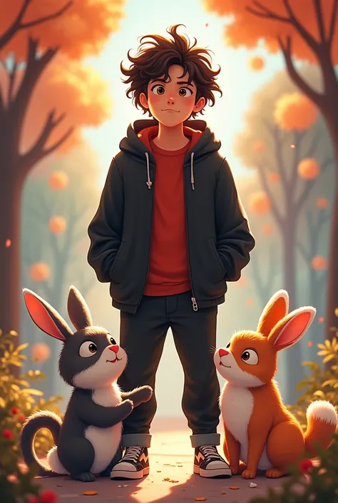 Man with curly hair, black sweatshirt, Red T-shirt, Black pants, cat , rabbit, furry anime style 