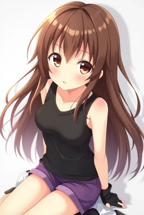 an anime girl with bangs, long brown hair, brown eyes, a black sleeveless t-shirt, purple shorts, black and white boots