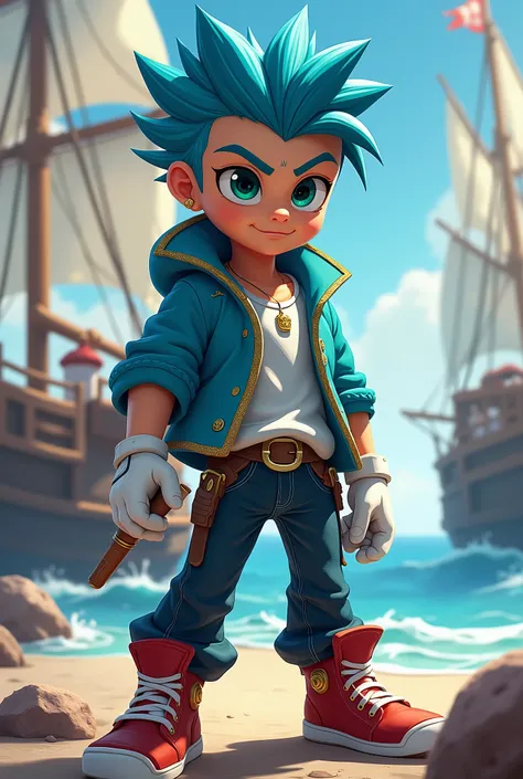 A boy with green eyes and blue spiky hair, has red sneakers and his iconic white gloves, with dark blue carbon pants and a lighter blue jacket, where there is a white line in the middle of the jacket, with aviator glasses. This boy is a pirate