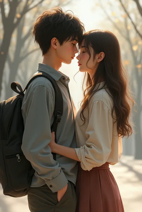 A beautiful girl with wavy, long hair stands next to a fellow student