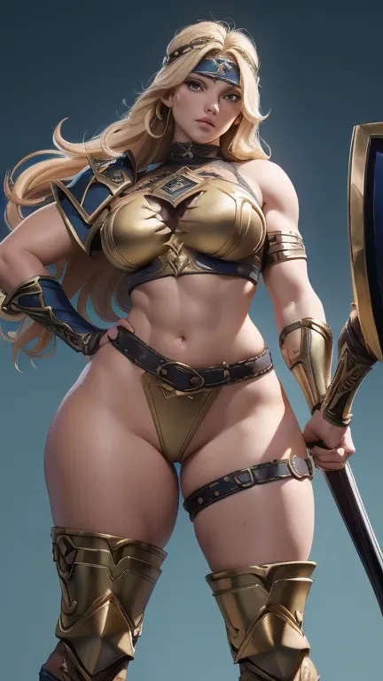 Masterpiece, best quality, 1 woman, gorgeous Viking woman, half naked, blond hair, body painted, arm armor, leg armor, holding a axe and shield, body scars, front to camera, standing,  large breasts, thicc thighs, wide hips, abs armor, shoulder armor, sero...