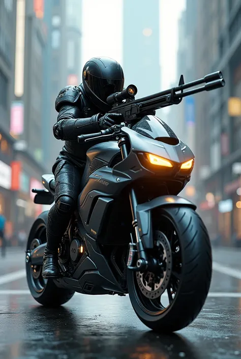 Create pure Sniper scene, In the center of the street, a sniper with a rifle on a futuristic motorcycle with a full body of a stocky build wearing a robotic suit like a ninja brand motorcycle with light indicators in the style of a Marvel hero.